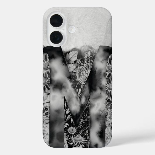 Zwart-wit Letter M Trippy Bloemen Waterverf Case-Mate iPhone Case (Achterkant)