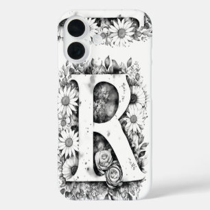 Zwart-wit Letter R Elegante Bloemen Waterverf iPhone 16 Hoesje