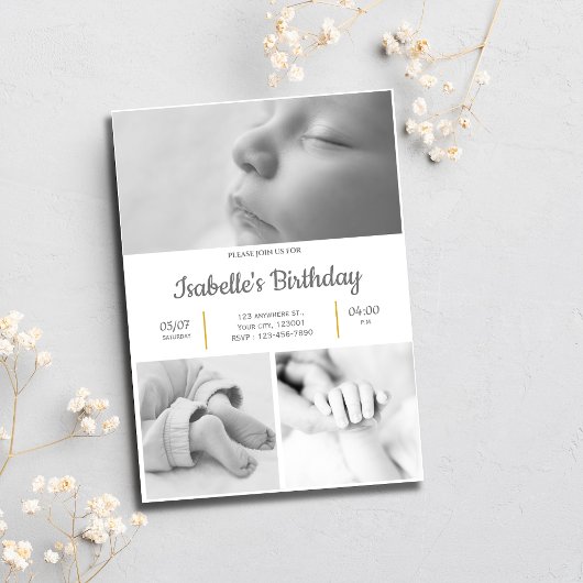 Zwart-wit Leuk 1e Verjaardagsfeestje Uitnodiging