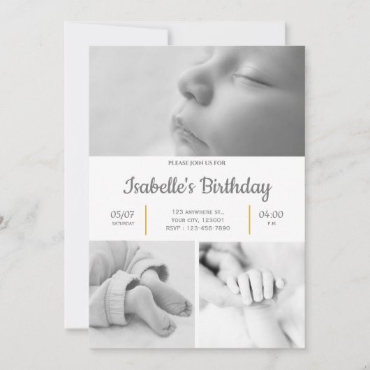 Zwart-wit Leuk 1e Verjaardagsfeestje Uitnodiging (Voorkant)