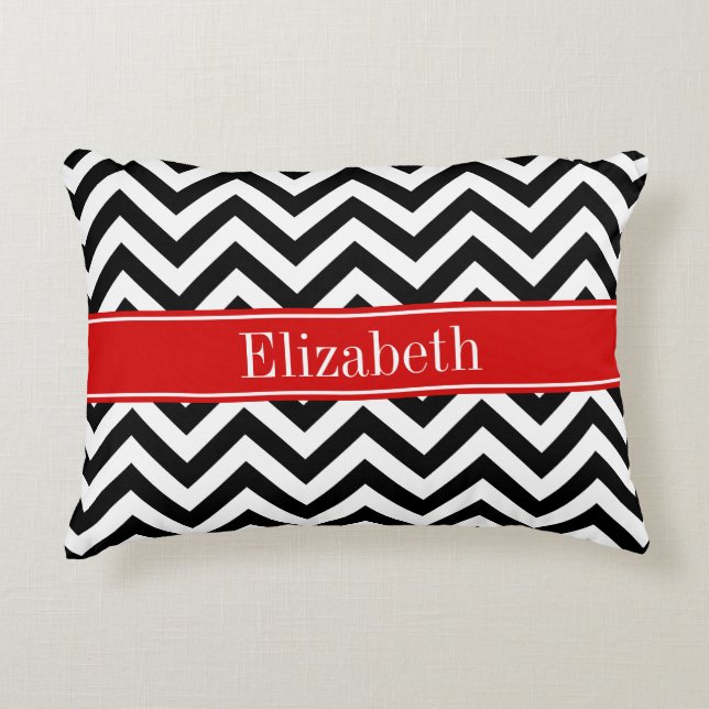 Zwart Wit LG Chevron Rood Naam Monogram Decoratief Kussen (Voorkant)