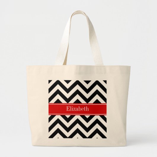 Zwart Wit LG Chevron Rood Naam Monogram Grote Tote Bag (Voorkant)