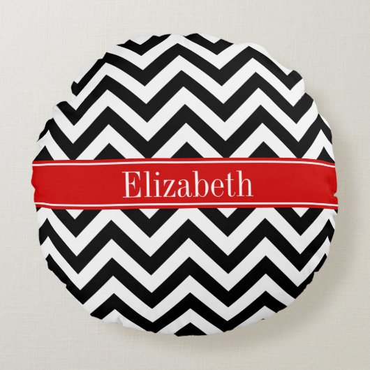 Zwart Wit LG Chevron Rood Naam Monogram Rond Kussen (Voorkant)