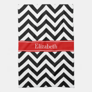 Zwart Wit LG Chevron Rood Naam Monogram Theedoek