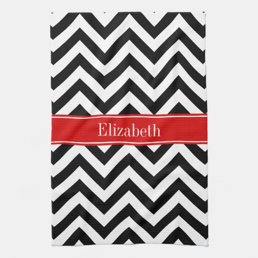 Zwart Wit LG Chevron Rood Naam Monogram Theedoek (Verticaal)