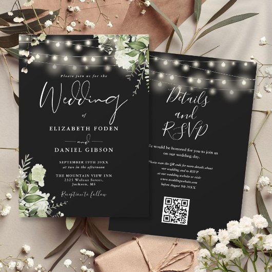Zwart-Wit Lichten Bloemencode QR Wedding Kaart