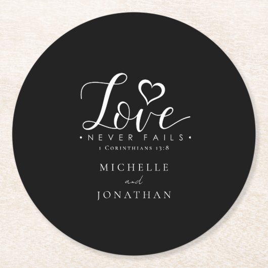 Zwart-wit liefde faalt nooit Bijbelvers bruiloft Ronde Kartonnen Onderzetter (Voorkant)