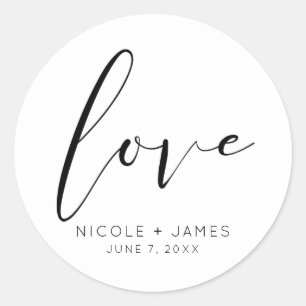 Zwart & Wit LIEFDE Minimal Moderne Trouwdag Ronde Sticker