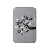 Zwart, wit liefde vogels kersenboom, bloesems grij badmat (Voorkant Verticaal)
