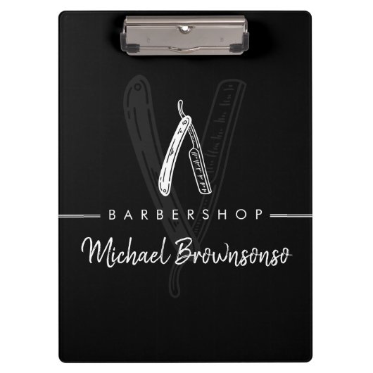Zwart Wit Lijn Minimaal Logo Scheermes Kapper Klembord (Voorkant)