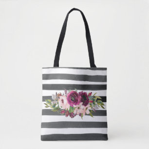 Zwart-wit lijnen en bloemen tote bag