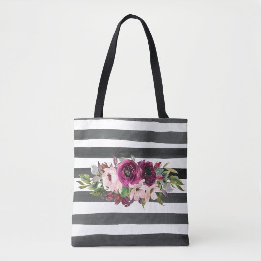 Zwart-wit lijnen en bloemen tote bag (Voorkant)