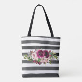 Zwart-wit lijnen en bloemen tote bag (Achterkant)