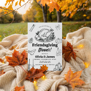 Zwart-Wit Lijnkunst Friendsgiving Uitnodiging