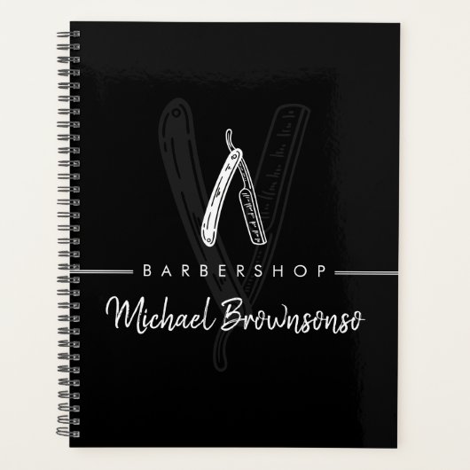 Zwart Wit Lijntekening Logo Scheermes Barber Planner (Voorkant)