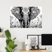 Zwart-wit lijntekening Olifant | AI Poster (Thuiskantoor)