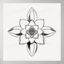 Zwart-wit lijntekening waterlelie bloem