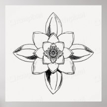 Zwart-wit lijntekening waterlelie bloem