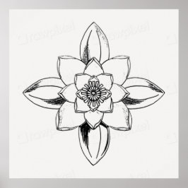 Zwart-wit lijntekening waterlelie bloem poster