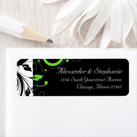 Zwart/wit/lime groen vet werveling bruiloft etiket (Insitu)