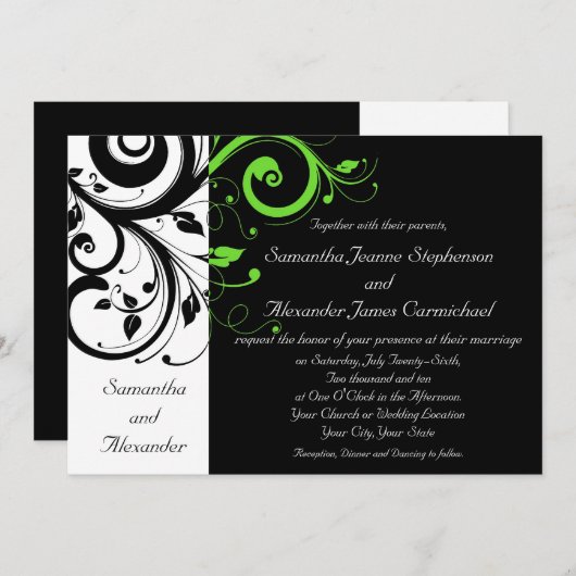 Zwart/wit/lime groen vet werveling bruiloft kaart (Voorkant / Achterkant)