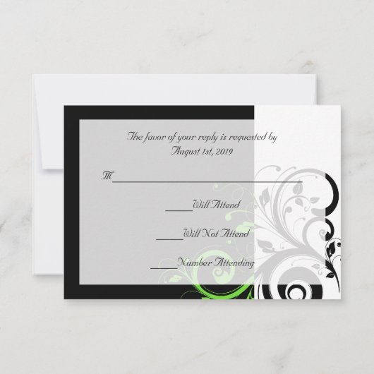 Zwart/wit/lime groen vet werveling bruiloft RSVP kaartje (Achterkant)