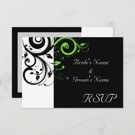 Zwart/wit/lime groen vet werveling bruiloft RSVP kaartje (Voorkant / Achterkant)