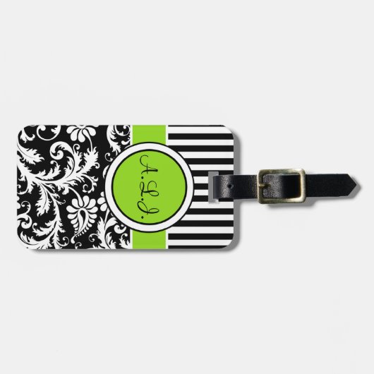Zwart, wit, Limoen gestreept Bagagelabel (Voorkant horizontaal)