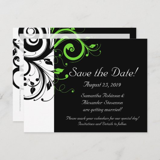 Zwart/Wit/Limoen Groen Vet Swirl Save the Date Aankondigingskaart (Voorkant / Achterkant)