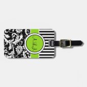 Zwart, Wit, Limoengroen Gestreepte Damast Bagage L Bagagelabel (Voorkant horizontaal)