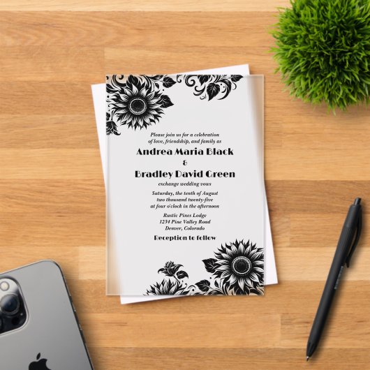 Zwart Wit Linocut Zonnebloem Huwelijk Acryl Uitnodigingen (Insitu (Uitnodiging))