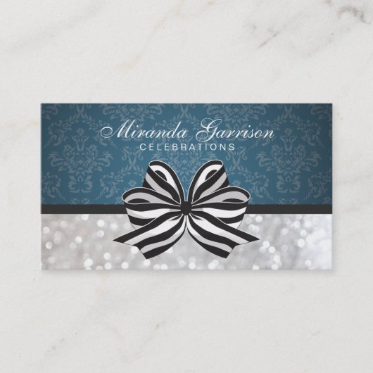 Zwart wit lint/blauw Damask Visitekaartje (Voorkant)