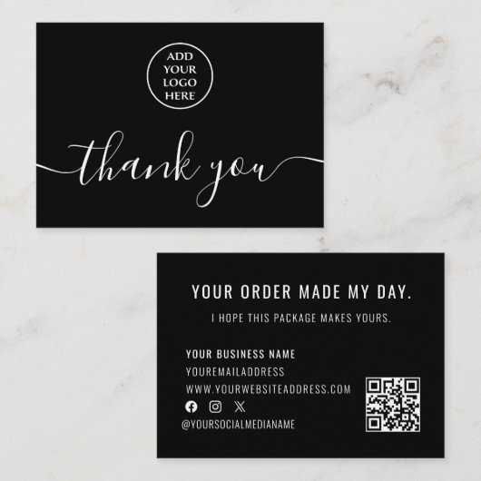 Zwart Wit Logo QR Code Bedankt voor uw bestelling Visitekaartje (Voorkant / Achterkant)