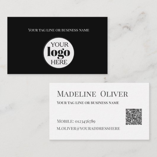 Zwart Wit Logo QR Code Eenvoudig Visitekaartje (Voorkant / Achterkant)