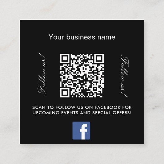 Zwart wit logo QR code Facebook volg ons Vierkante Visitekaartje (Achterkant)