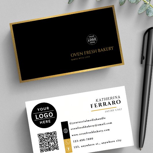 Zwart Wit Logo QR Code Gold Border Bakery Visitekaartje