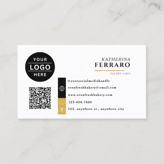 Zwart Wit Logo QR Code Gold Border Bakery Visitekaartje (Achterkant)