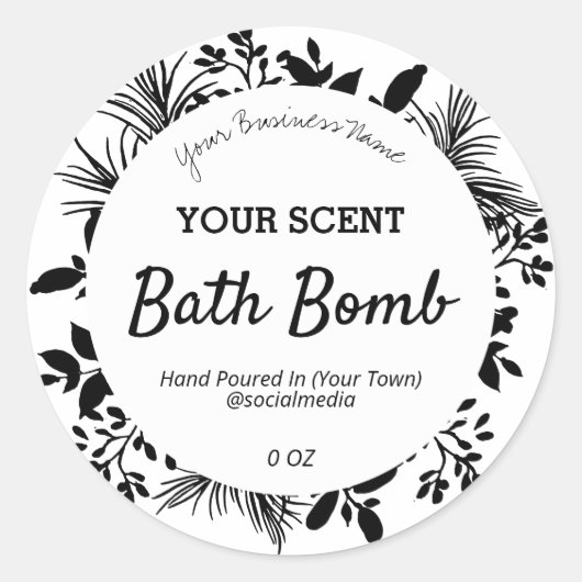 Zwart-wit loof productetiketten ronde sticker (Voorkant)