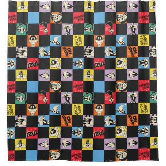 Zwart-wit LOONEY TUNES™ in kleurrijke checker Douchegordijn (Voorkant)
