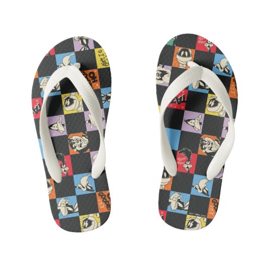Zwart-wit LOONEY TUNES™ in kleurrijke checker Kinder Teenslippers (Voetbed)