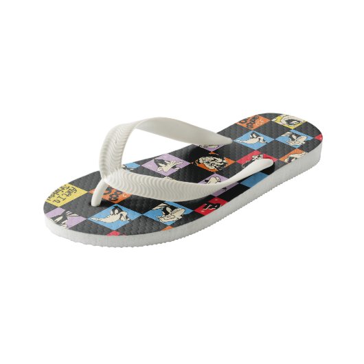 Zwart-wit LOONEY TUNES™ in kleurrijke checker Kinder Teenslippers (Schuin)