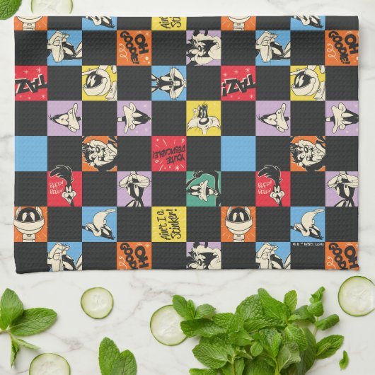 Zwart-wit LOONEY TUNES™ in kleurrijke checker Theedoek (Gevouwen)