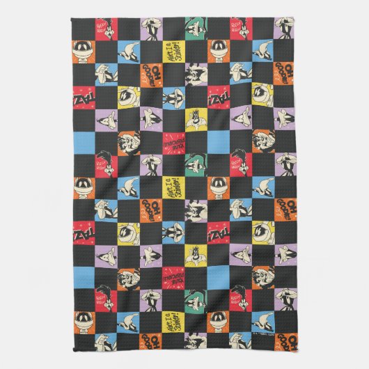 Zwart-wit LOONEY TUNES™ in kleurrijke checker Theedoek (Verticaal)