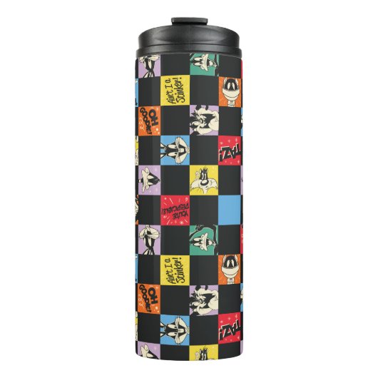 Zwart-wit LOONEY TUNES™ in kleurrijke checker Thermosbeker (Voorkant)