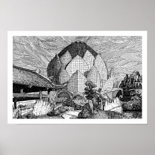 Zwart-wit Lotus Architectuur Lijnkunst Afdruk. Poster