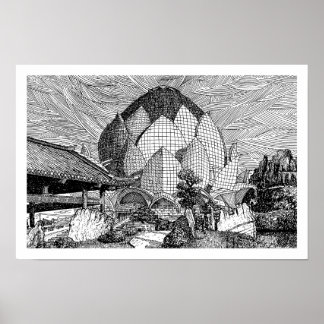 Zwart-wit Lotus Architectuur Lijnkunst Afdruk. Poster