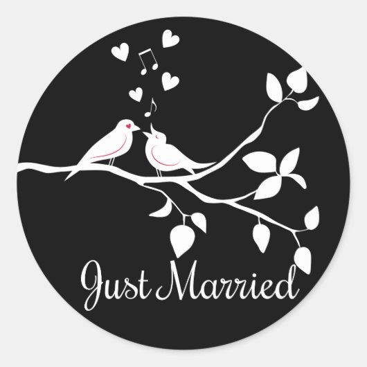 Zwart-wit Lovebirds Gewoon Getrouwd Bruiloft Ronde Sticker (Voorkant)