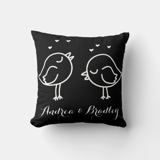 Zwart-wit Lovebirds In Love Doodles Pillow Kussen (Voorkant)