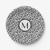 Zwart-Wit Luipaard Monogram Papieren Bordje (Voorkant)