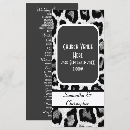 Zwart-wit luipaard print huwelijksprogramma programmakaart (Voorkant / Achterkant)